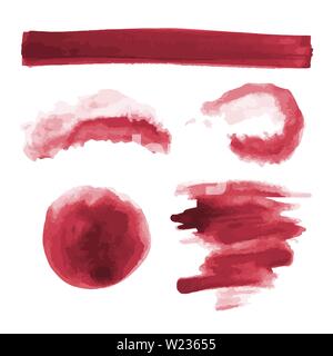 Aquarelle rouge formes, taches irrégulières, les taches, les coups de pinceau de peinture. Aquarelle abstraite texture définie. Isolé sur fond blanc. Illustration de Vecteur