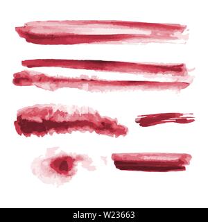 Aquarelle rouge formes, taches irrégulières, les taches, les coups de pinceau de peinture. Aquarelle abstraite texture définie. Isolé sur fond blanc. Illustration de Vecteur