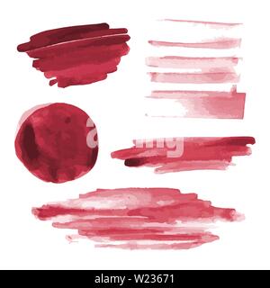Aquarelle rouge formes, taches irrégulières, les taches, les coups de pinceau de peinture. Aquarelle abstraite texture définie. Isolé sur fond blanc. Illustration de Vecteur