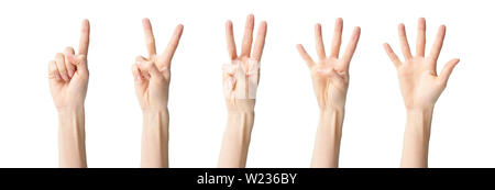 Un collage de mains montrant un deux trois quatre cinq, isolé sur fond blanc Banque D'Images