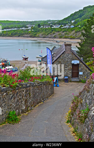 Vue sur les bateaux de pêche amarrés dans le port de Newquay.Famille jouant sur la plage.Cardigan Bay Marine Wildlife Centre bâtiment derrière jolies fleurs roses. Banque D'Images