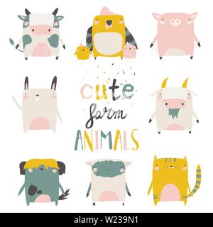 Mignon les animaux de ferme situé sur fond blanc. Vector illustration Illustration de Vecteur
