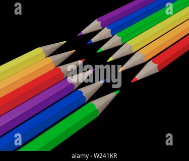 Couleurs complémentaires, de l'illustration. Crayons représentant l'RYB traditionnels (rouge-jaune-bleu) modèle de couleur, chaque couleur primaire avec pointage crayon Banque D'Images