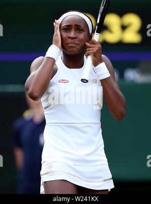 Cori Gauff réagit pendant son match sur cinq jours de la Wimbledon à l'All England Lawn Tennis et croquet Club, Wimbledon. Banque D'Images