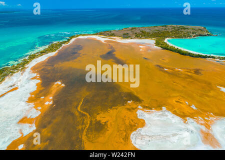 Vue aérienne de Puerto Rico. Faro Los Morrillos de Cabo Rojo. Playa Sucia beach et lacs de sel à Punta Jaguey. Banque D'Images