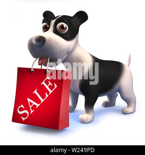 L'image de rendu 3D d'un mignon petit chien hound tenant un sac shopping en vente sa bouche en 3d Banque D'Images