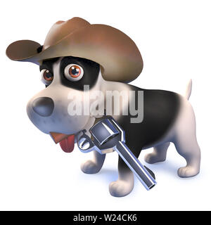 Image 3D reconstruite d'un cartoon funny puppy dog habillé comme un cowboy, pistolet Banque D'Images
