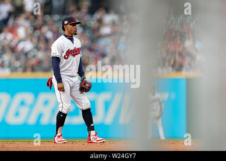 16 mai 2019 : Cleveland Indians shortstop Francisco Lindor (12) en action lors d'un match entre les Orioles de Baltimore et les Indians de Cleveland le 16 mai 2019 au Progressive Field de Cleveland, OH. Adam Lacy/CSM. Banque D'Images