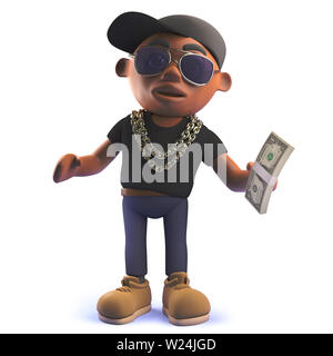 L'image de rendu 3D d'un dessin animé américain africain noir rappeur hiphop en 3d tenant une liasse de billets d'un dollar Banque D'Images