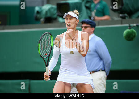 Londres, Royaume-Uni. 5 juillet, 2019. Hercog Polana de Slovénie réagit au cours de la troisième série de match du championnat de tennis sur gazon de Wimbledon contre Cori Gauff des États-Unis à l'All England Lawn Tennis et croquet Club à Londres, Angleterre le 5 juillet 2019. Credit : AFLO/Alamy Live News Banque D'Images