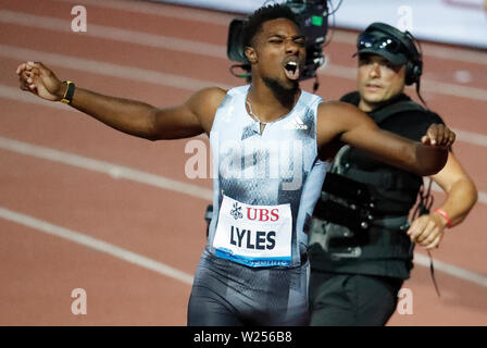 Lausanne, Suisse. 05 juillet, 2019. Noah Lyles des Etats-unis réagit après avoir remporté le le 200m masculin à la Diamond League de l'IAAF de 2019 à Lausanne, Suisse le 5 juillet 2019. (Photo par Ruben Sprich/Xinhua) Credit : Xinhua/Alamy Live News Banque D'Images
