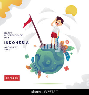 Jour de l'indépendance de l'indonésie, un enfant d'une école primaire indonésienne salue le drapeau avec un petit fond de monde Banque D'Images
