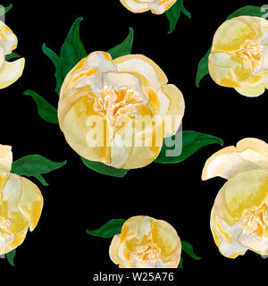 L'aquarelle à la main motif japonais jaune transparente pivoines sur fond noir. Tuile Raster. Pour la conception de décor de mariage, carte de souhaits Banque D'Images