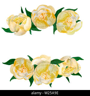 Aquarelle jaune dessiné à la main frame pivoines japonais isolé sur fond blanc. Illustration Raster. Pour la conception de décor de mariage, cartes de vœux, Banque D'Images