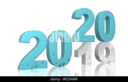 Rendu 3D Tour de l'année 2019 à 2020 en blanc et turquoise numéros structuré en face d'un livre blanc, abstract background Banque D'Images