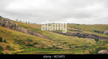 Paysage typique de Madagascar dans la région près de Farariana sur image. L'herbe est plutôt plate terre seulement peu d'arbres, avec quelques rochers et collines, champs de riz Banque D'Images