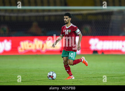 En France, le 5 juillet 2019 : M'bark Boussoufa du Maroc lors de la coupe d'Afrique des Nations 2019 match entre le Maroc et le Bénin au stade Al Salam du Caire, Égypte. Ulrik Pedersen/CSM. Banque D'Images