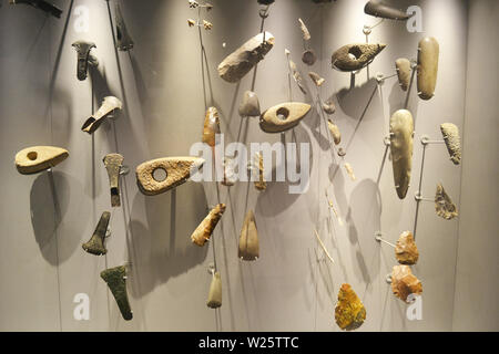 Les têtes de hache préhistorique et des flèches à Shrewsbury, musée et galerie d'Art, Shrewsbury, Shropshire, Angleterre Banque D'Images