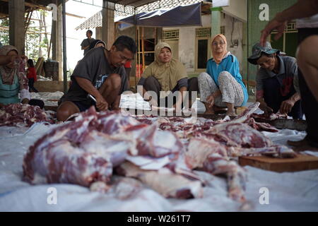 Trancher la viande de chèvre musulmane lorsque l'Eid Al Adha de Semarang, Indonésie Banque D'Images