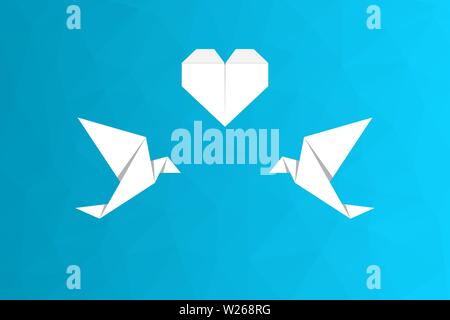 Deux oiseaux origami blanc dans l'amour. Les oiseaux et coeur sur fond bleu poly faible. Concept de la Saint-Valentin, l'amour carte de vœux. Colombes en origami. Vector Illustration de Vecteur
