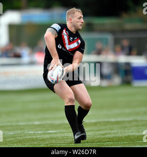 Terrain de sport, Trailfinders West Ealing, London, UK . 6 juillet 2019, Terrain de sport, Trailfinders West Ealing, Londres, Angleterre ; Super League Rugby, London Broncos contre Warrington Wolves ; Jordanie Abdull Broncos de Londres recherche un crédit d'impôt pour laissez-passer de sortie : Action Plus Sport Images/Alamy Live News Banque D'Images