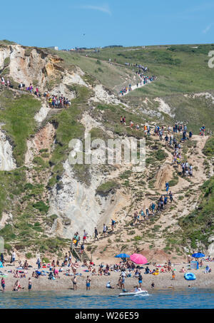 La Côte Jurassique, Lulworth, Dorset, UK. 6 juillet 2019. Des milliers de touristes font leur chemin à la plage de Lulworth Cove et Durdle Door sur la côte jurassique du Dorset. La côte a subi l'érosion de l'énorme nombre de personnes marchant sur la falaises crayeuses. Crédit : Thomas Faull/Alamy Live News Banque D'Images