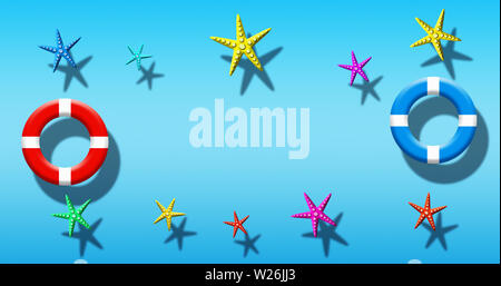 Des vacances d'été à la piscine avec Plongée Masque, palmes et d'étoiles flottant sur une surface de l'eau bleue Banque D'Images