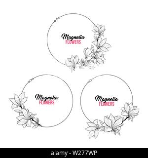 Magnolia Contour Drawing Branches Set. Cercle ou cadre rond pour la conception de mariage. Vector Illustration élégante isolées Illustration de Vecteur