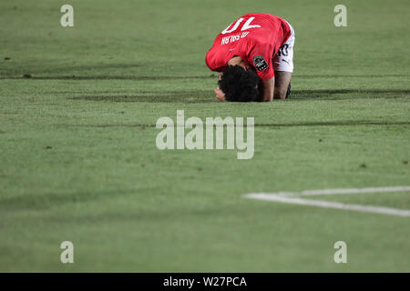 Le Caire, Égypte. Le 06 juillet, 2019. L'Égypte Mohamed Salah réagit au cours de la coupe d'Afrique des Nations 2019 ronde de 16 match de football entre l'Egypte et l'Afrique du Sud au stade International du Caire. Credit : Oliver Weiken/dpa/Alamy Live News Banque D'Images