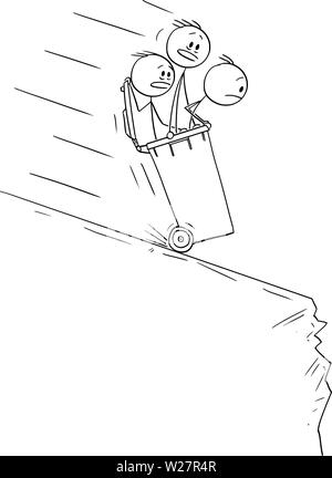 Vector cartoon stick figure dessin illustration conceptuelle des hommes ou hommes d'équitation à l'intérieur de la poubelle sur roues barrée en bas de la colline de l'abîme ou l'abîme. Illustration de Vecteur