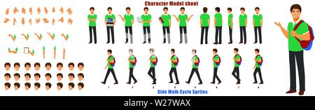 Feuille de modèle de caractère étudiant avec séquence d'animation du cycle de marche Illustration de Vecteur