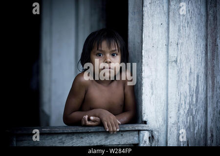 Les enfants, Boa Esperança Communauté, Cuieiras River, Amazonie, Manaus, Amazonas, Brésil Banque D'Images