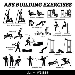 Exercice de création de l'APA et de l'abdomen et le bâtiment de muscle stick figure pictogrammes. Ensemble d'entraînement pour les chargés de formation de poids et de l'apa par les muscles abdominaux gy Illustration de Vecteur