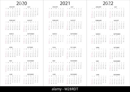 Définir des calendriers 2020, 2021, 2022 ans, modèle de conception simple, format vertical, la semaine commence le dimanche vector Illustration de Vecteur