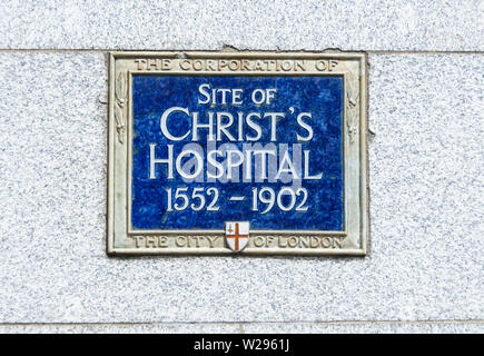 Blue Plaque commémorative sur le site de Christ's Hospital, 1552-1902, ville de Londres, Royaume-Uni Banque D'Images