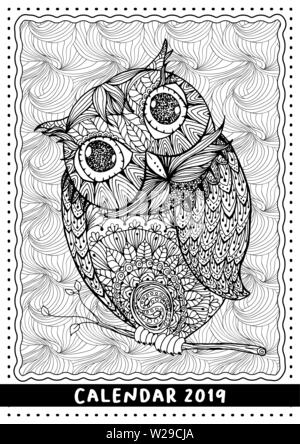 Hibou Noël, calendrier couverture pour l'année 2019. Mono noir et blanc à colorier linéaire page. Dans l'illustration à la main style doodle pour des profils Illustration de Vecteur