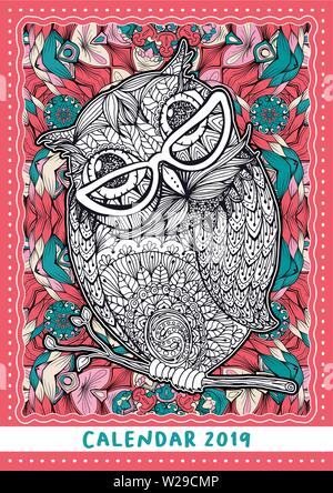 Calendrier de Noël couvrir avec Owl Bird. Livre de coloriage antistress pour 2019 Nouvelle année calendrier mural. Contours multicolores en oiseaux, à motifs Style Doodle Illustration de Vecteur