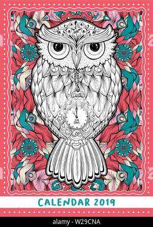 Calendrier de Noël couvrir avec Owl Bird. Livre de coloriage antistress pour 2019 Nouvelle année calendrier mural. Contours multicolores en oiseaux, à motifs Style Doodle Illustration de Vecteur