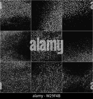 Ensemble de texture granuleuse blanc isolé sur fond noir. Incrustation de poussières de texture. Les particules de bruit. Effets de neige Pack. Généré numériquement l'image. Vector Illustration de Vecteur