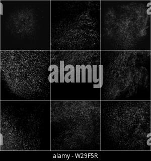 Ensemble de texture granuleuse blanc isolé sur fond noir. Incrustation de poussières de texture. Les particules de bruit. Effets de neige Pack. Généré numériquement l'image. Vector Illustration de Vecteur