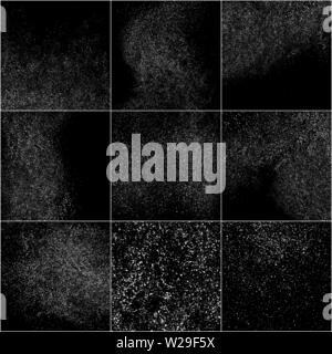 Ensemble de texture granuleuse blanc isolé sur fond noir. Incrustation de poussières de texture. Les particules de bruit. Effets de neige Pack. Généré numériquement l'image. Vector Illustration de Vecteur