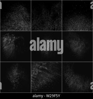 Ensemble de texture granuleuse blanc isolé sur fond noir. Incrustation de poussières de texture. Les particules de bruit. Effets de neige Pack. Généré numériquement l'image. Vector Illustration de Vecteur
