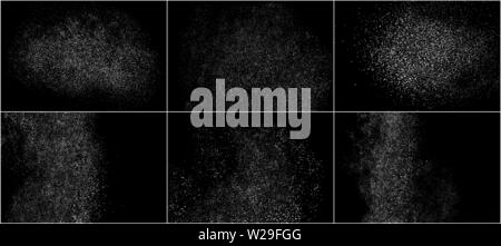 Ensemble de texture granuleuse blanc isolé sur fond noir. Incrustation de poussières de texture. Les particules de bruit. Effets de neige Pack. Généré numériquement l'image. Vector Illustration de Vecteur