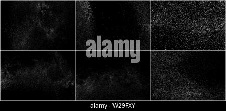 Ensemble de texture granuleuse blanc isolé sur fond noir. Incrustation de poussières de texture. Les particules de bruit. Effets de neige Pack. Généré numériquement l'image. Vector Illustration de Vecteur