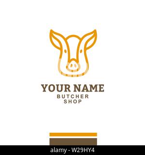 L'icône de la tête de cochon jaune sur un fond blanc dans un style minimaliste. butcher shop logo, mascotte, emblème. Design minimaliste moderne télévision. Vector illustrat Illustration de Vecteur