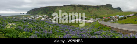 Appareil photo en panorama de la ville de Vik, le sud de l'Islande. Banque D'Images