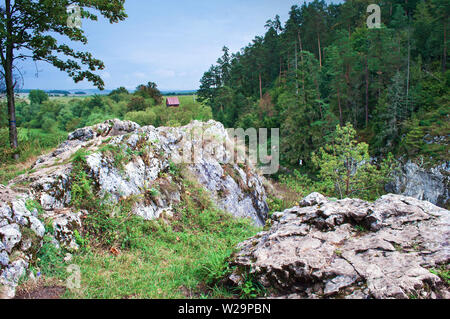 Vue d'une petite cabane rouge dans un bois près de Hornad canyon, Paradis slovaque, Slovaquie. Des pins vert foncé, d'énormes rochers. Jour nuageux en septembre. Banque D'Images