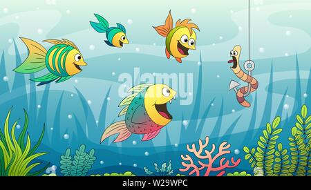 Paysage sous-marin dessin animé avec poissons. Hand drawn vector illustration avec des calques distincts. Illustration de Vecteur