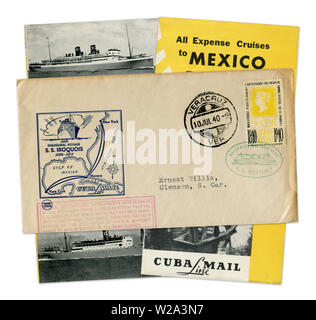 Un collage de brochure touristique historique, enveloppe Cuba Mail - Lignes Agwi, overprint SS Monterey, Affaires de voyage, Croisières du Mexique, Veracruz, 1940 Banque D'Images