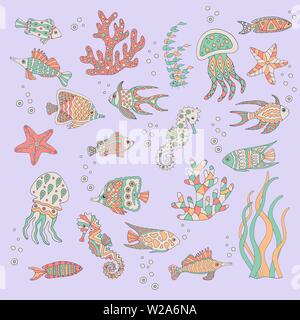 Peint et dessiné à la main Ensemble de poissons de mer, mer, coraux, algues, méduses, hippocampes Illustration de Vecteur